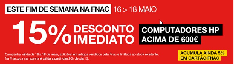 15% de desconto imediato | FNAC | de 16 a 18 maio